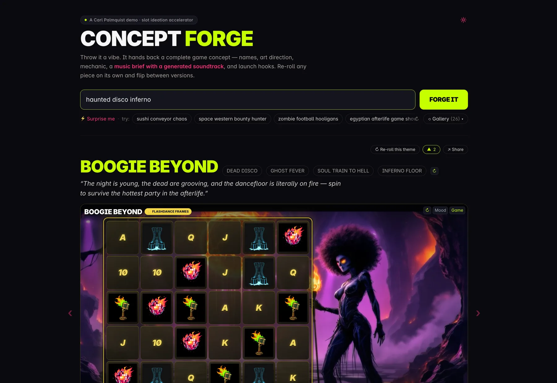 Concept Forge — a forged slot concept with reel, key art and theme names