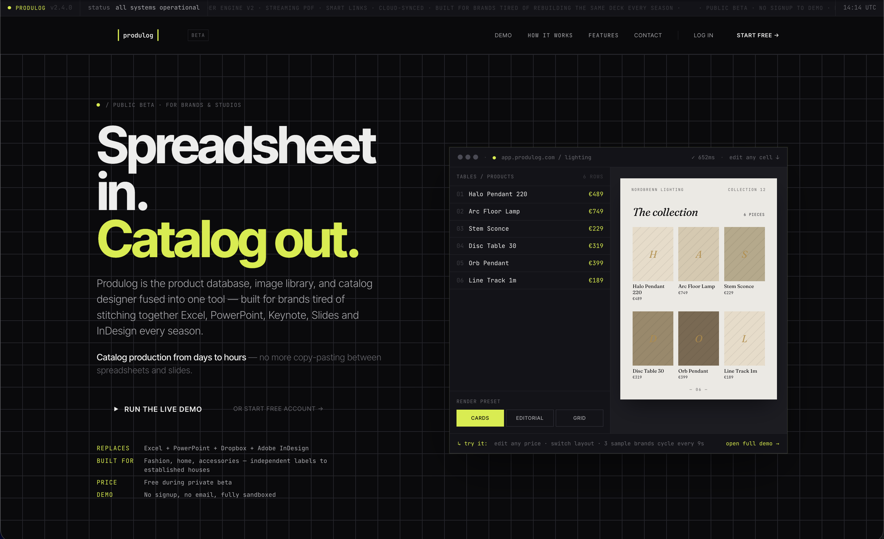 Produlog landing page